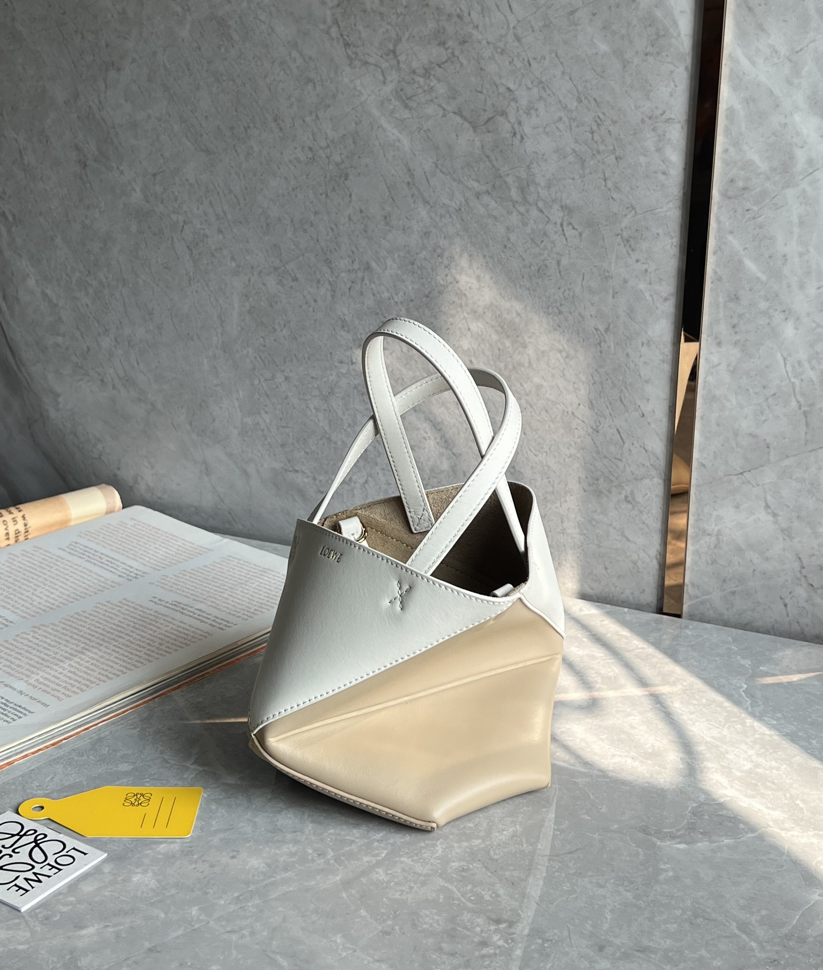 Loewe Mini Puzzle Fold Tote in Shiny Calfskin White/Beige